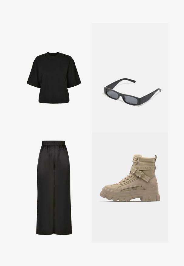Černé zkrácené tričko vyrobené z bavlny. Má krátké rukávy a kulatý výstřih. Hladký povrch s jednoduchým designem, bez dalších vzorů.; Černé široké kalhoty vyrobené z hladké, lesklé látky, s elastickým pasem bez viditelných kapes nebo kovových detailů.; Světlé vysoké boty vyrobené z syntetického materiálu, s robustní podrážkou, texturovanými látkovými akcenty a páskem s logem.; Černé obdélníkové sluneční brýle s tmavými skly a tlustými matnými rámy. Stranice jsou mírně zúžené s hladkým povrchem.