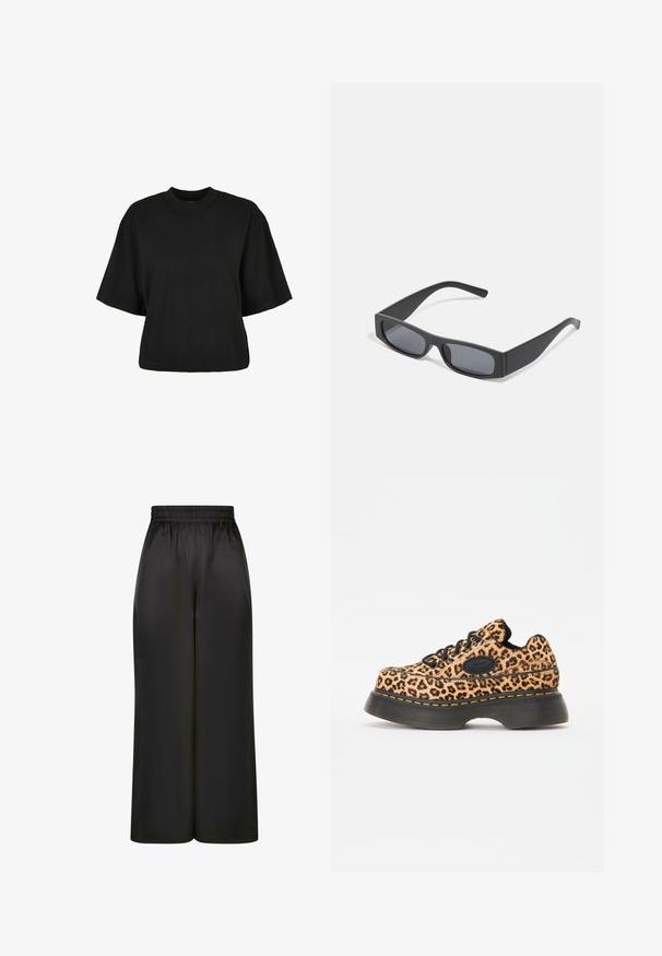 Melnas īsā piegriezuma T-kreklis no kokvilnas. Tam ir īsas piedurknes un apaļa izgriezne. Gluda tekstūra ar vienkāršu dizainu, bez papildu rakstiem.; Melni plaši bikses, izgatavotas no gludas, spīdīgas auduma, ar elastīgu jostu un bez redzamām kabatām vai aparatūras detaļām.; Lepardu raksta platformas kedas ar melnām šņorēm, teksturēta materiāla, un dzelteniem izšuvumiem uz bieza melna gumijas zoles.; Melni taisnstūrveida saulesbrilles ar tumšiem stikliem un bieziem matētiem rāmiem. Rāmju kājas ir nedaudz sašaurinātas ar gludu tekstūru.
