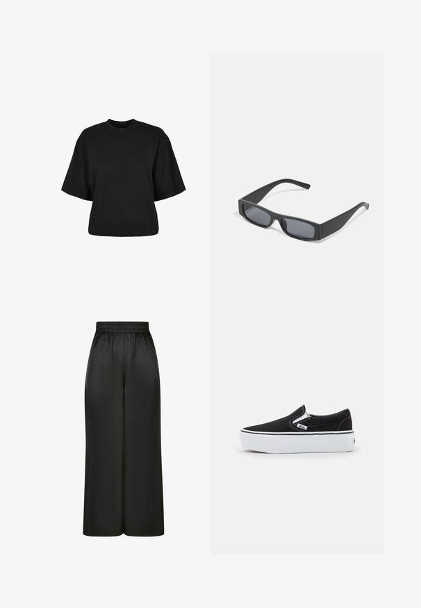 T-shirt noir court en coton. Doté de manches courtes et d'un col rond. Texture lisse avec un design simple, sans motifs supplémentaires.; Pantalons larges noirs en tissu lisse et brillant, avec une taille élastique et sans poches ni détails en métal visibles.; Chaussure slip-on noire en toile avec une semelle en caoutchouc blanc, dotée d'accents élastiques sur les côtés et de coutures contrastées. Logo de la marque visible sur le côté.; Lunettes de soleil noires rectangulaires avec des verres foncés et des montures en mat épais. Les branches sont légèrement effilées avec une texture lisse.