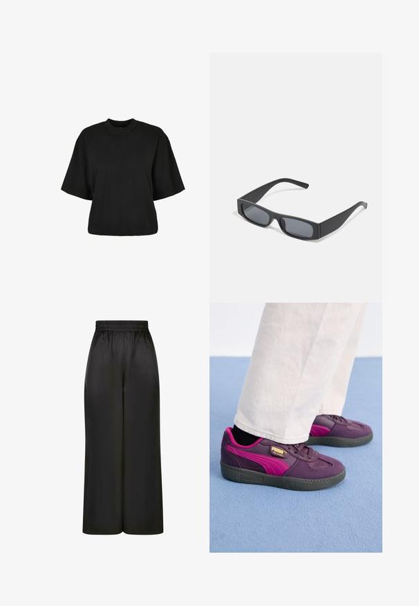Fekete, rövid ujjú, pamut crop póló. Kerek nyakkivágással rendelkezik. Simára készült textúrája van, egyszerű dizájn, nincs rajta további minta.; Fekete, bő szárú nadrág, sima, fényes anyagból, rugalmas derékrésszel, látható zsebek vagy fém részletek nélkül.; Lila és rózsaszín sportcipő, gumitalppal, texturált felülettel, fűzőkkel és arany márkázással az oldalán. A fehér nadrág keskenyít a cipőkön.; Fekete téglalap alakú napszemüveg sötét lencsékkel és vastag, matt kerettel. A szárak enyhén elkeskenyednek, sima felületűek.