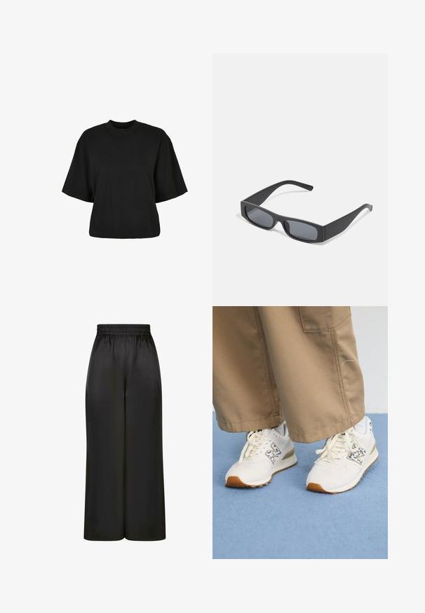 Fekete, rövid ujjú, pamut crop póló. Kerek nyakkivágással rendelkezik. Simára készült textúrája van, egyszerű dizájn, nincs rajta további minta.; Fekete, bő szárú nadrág, sima, fényes anyagból, rugalmas derékrésszel, látható zsebek vagy fém részletek nélkül.; Fehér sportcipők, textúrált bézs gumitalppal. Kék állatmintás díszítéssel és lapos bézs cipőfűzővel rendelkezik, bézs nadrággal párosítva.; Fekete téglalap alakú napszemüveg sötét lencsékkel és vastag, matt kerettel. A szárak enyhén elkeskenyednek, sima felületűek.