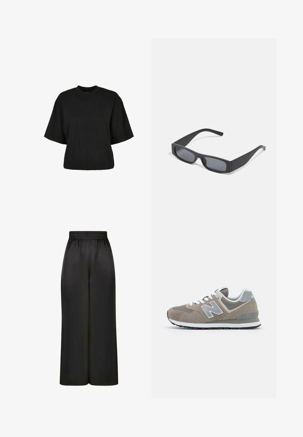 Čierne skrátené tričko z bavlny. Disponuje krátkymi rukávmi a okrúhlym výstrihom. Hladká textúra s jednoduchým dizajnom, bez ďalších vzorov.; Čierne široké nohavice vyrobené z hladkého, lesklého materiálu s elastickým pásom a bez viditeľných vreciek či kovových detailov.; Hnedé semišové tenisky s šedými sieťovanými akcentmi, bielymi šnúrkami a šedým logom 'N'. Gumové podrážky so slabým vzorom pre trakciu.; Čierne obdĺžnikové slnečné okuliare s tmavými sklami a hrubými matnými rámami. Ramena sú mierne zúžené s hladkým povrchom.