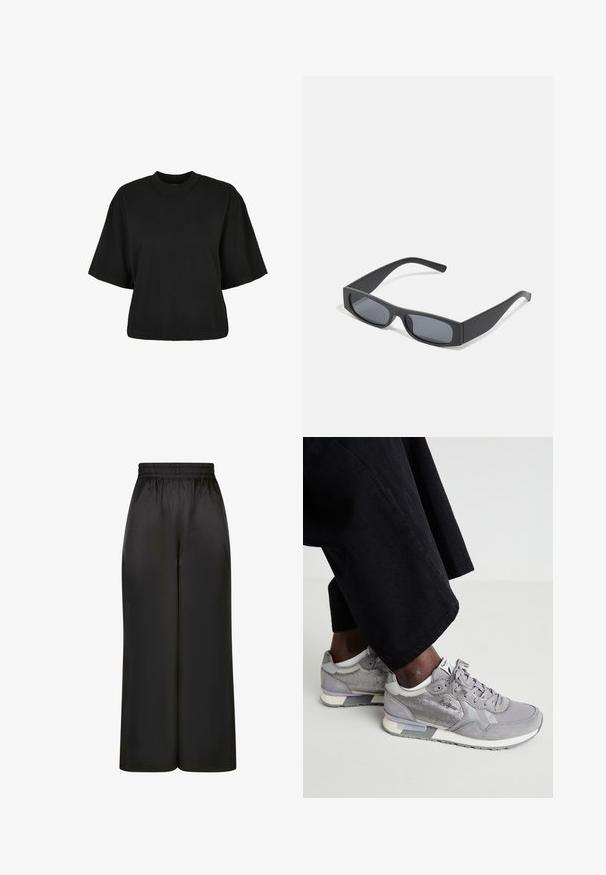 Crna skraćena majica od pamuka. Ima kratke rukave i okrugli izrez. Glatka tekstura s jednostavnim dizajnom, bez dodatnih uzoraka.; Crne široke hlače napravljene od glatkog, sjajnog materijala s elastičnim pojasom i bez vidljivih džepova ili metalnih detalja.; Sive tenisice od mrežastog i antilop materijala, s bijelom potplatom, svijetlosivim detaljima i vezicama. Nosene su s labavim crnim hlačama od tkanine.; Crne pravokutne sunčane naočale s tamnim lećama i debelim mat okvirima. Naočale su lagano sužene s glatkom teksturom.