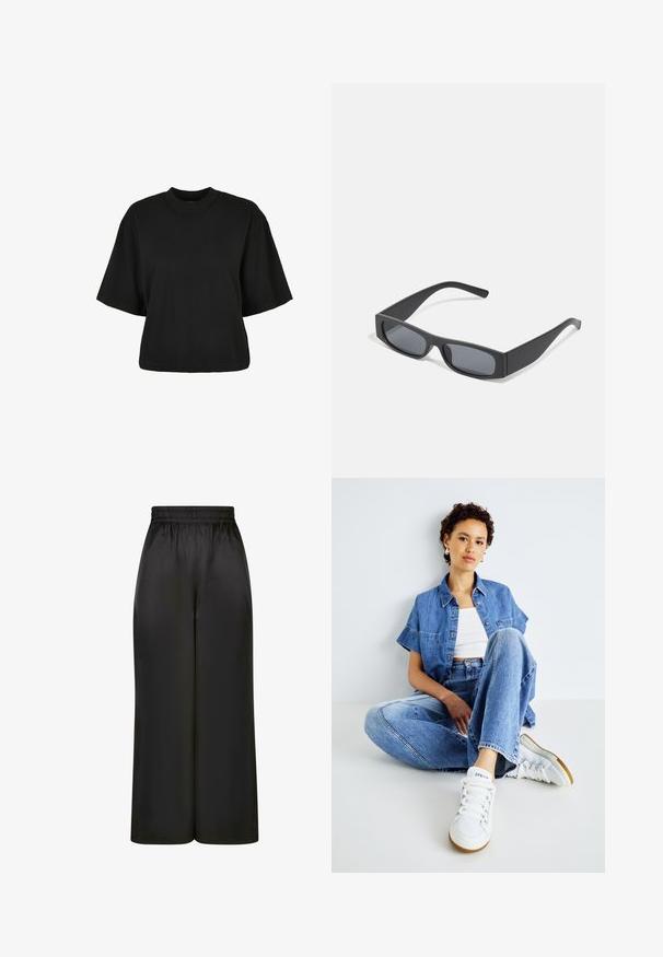 Zwart cropped t-shirt van katoen. Heeft korte mouwen en een ronde halslijn. Glad materiaal met een eenvoudig ontwerp, geen extra patronen.; Zwarte wijde broek gemaakt van soepel, glanzend materiaal met een elastische tailleband en zonder zichtbare zakken of hardware-details.; Twee-delige denimoutfit met een lichtblauw cropped shirt met korte mouwen en high-waisted jeans. Gecombineerd met witte sneakers.; Zwarte rechthoekige zonnebril met donkere lenzen en dikke matte monturen. De zijstukken zijn licht taps toelopend met een gladde textuur.