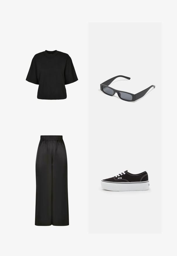 Schwarzes, kurz geschnittenes T-Shirt aus Baumwolle. Hat kurze Ärmel und einen runden Halsausschnitt. Glatte Textur mit einem schlichten Design, ohne zusätzliche Muster.; Schwarze, weit geschnittene Hosen aus glattem, glänzendem Stoff mit elastischem Bund und ohne sichtbare Taschen oder Metallteile.; Schwarze Leinensneaker mit einer weißen Gummiplattformsohle, weißen Schnürsenkeln und Nähten, ikonischer Markenaufdruck an der Seite, im Low-Top-Design.; Schwarze rechteckige Sonnenbrillen mit dunklen Gläsern und dicken matten Rahmen. Die Bügel sind leicht verjüngt und haben eine glatte Oberfläche.