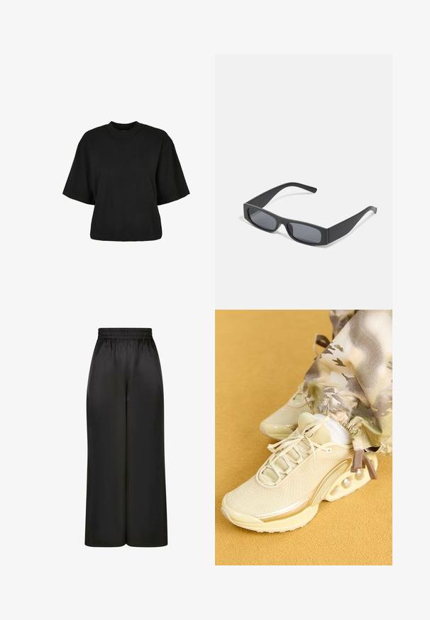Black cropped t-shirt made of cotton. Features short sleeves and a round neckline. Smooth texture with a simple design, no additional patterns.; Black wide-leg pants made of smooth, shiny fabric with an elastic waistband and no visible pockets or hardware details.; Beige athletic sneakers featuring a textured mesh upper, rounded toe, and visible air cushioning detail. Paired with patterned joggers.; Black rectangular sunglasses with dark lenses and thick matte frames. The arms are slightly tapered with a smooth texture.