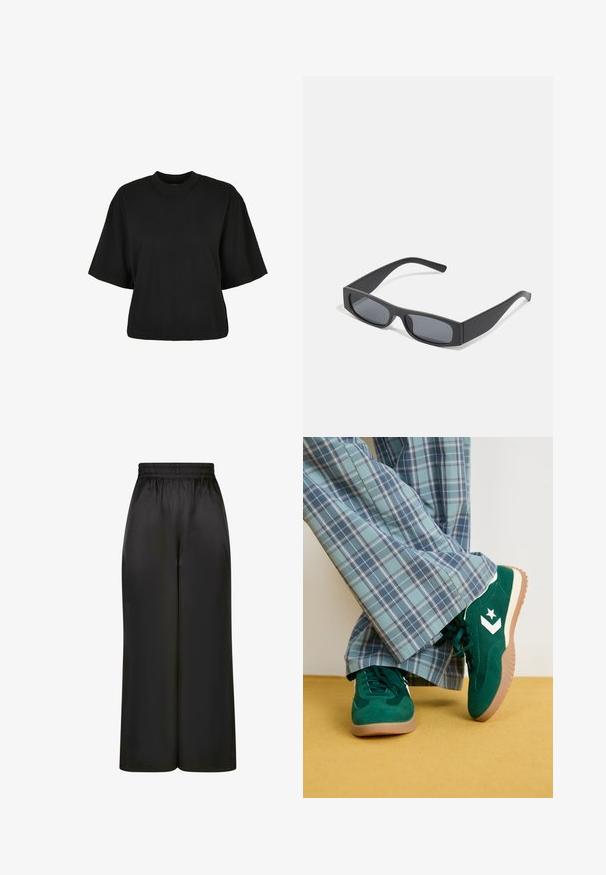 Fekete, rövid ujjú, pamut crop póló. Kerek nyakkivágással rendelkezik. Simára készült textúrája van, egyszerű dizájn, nincs rajta további minta.; Fekete, bő szárú nadrág, sima, fényes anyagból, rugalmas derékrésszel, látható zsebek vagy fém részletek nélkül.; Zöld velúr tornacipő fehér kiegészítőkkel és csillaglogóval, széles lábú kék kockás nadrággal kombinálva, sárga padlón elhelyezve.; Fekete téglalap alakú napszemüveg sötét lencsékkel és vastag, matt kerettel. A szárak enyhén elkeskenyednek, sima felületűek.