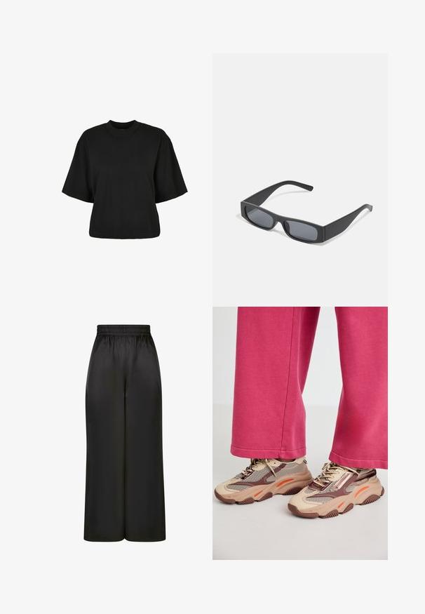 Camiseta corta negra de algodón. Cuenta con mangas cortas y un escote redondo. Textura suave con un diseño sencillo, sin patrones adicionales.; Pantalones negros de pierna ancha hechos de una tela suave y brillante, con una cinturilla elástica y sin bolsillos visibles ni detalles de metal.; Zapatillas beige gruesas con malla y acentos marrones, con detalles en naranja y una suela texturizada. Llevadas con pantalones rosas, mostrando un estilo casual.; Gafas de sol negras rectangulares con lentes oscuros y montura gruesa mate. Las varillas son ligeramente cónicas con una textura suave.