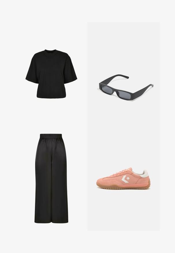 Fekete, rövid ujjú, pamut crop póló. Kerek nyakkivágással rendelkezik. Simára készült textúrája van, egyszerű dizájn, nincs rajta további minta.; Fekete, bő szárú nadrág, sima, fényes anyagból, rugalmas derékrésszel, látható zsebek vagy fém részletek nélkül.; Rózsaszín velúr tornacipő fehér részletekkel, fűzős dizájnnal, textúrált gumitalppal és csillaglogóval az oldalon. Alacsony profilú és könnyű.; Fekete téglalap alakú napszemüveg sötét lencsékkel és vastag, matt kerettel. A szárak enyhén elkeskenyednek, sima felületűek.