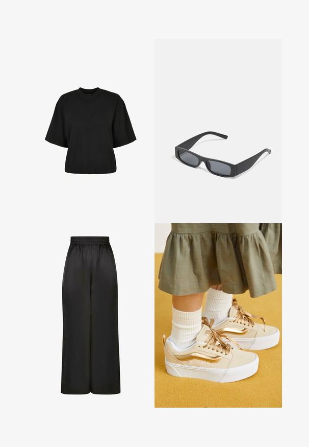 Schwarzes, kurz geschnittenes T-Shirt aus Baumwolle. Hat kurze Ärmel und einen runden Halsausschnitt. Glatte Textur mit einem schlichten Design, ohne zusätzliche Muster.; Schwarze, weit geschnittene Hosen aus glattem, glänzendem Stoff mit elastischem Bund und ohne sichtbare Taschen oder Metallteile.; Vans KNU STACK - Skateschuh - high shine gold; Schwarze rechteckige Sonnenbrillen mit dunklen Gläsern und dicken matten Rahmen. Die Bügel sind leicht verjüngt und haben eine glatte Oberfläche.