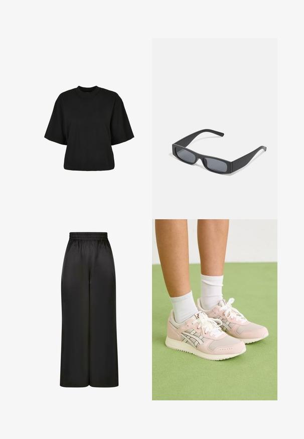 Crna skraćena majica od pamuka. Ima kratke rukave i okrugli izrez. Glatka tekstura s jednostavnim dizajnom, bez dodatnih uzoraka.; Crne široke hlače napravljene od glatkog, sjajnog materijala s elastičnim pojasom i bez vidljivih džepova ili metalnih detalja.; Svijetlos roze atletske tenisice od mrežastog i antilop materijala, bijele vezice, srebrni detalji i teksturirana potplat. Bijele čarape do gležnjeva vidljive.; Crne pravokutne sunčane naočale s tamnim lećama i debelim mat okvirima. Naočale su lagano sužene s glatkom teksturom.