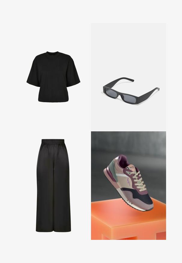 Mustat lyhyet hihattomat t-paidat, valmistettu puuvillasta. Siinä on lyhyt hihat ja pyöreä pääntie. Sileä rakenne yksinkertaisella muotoilulla, ilman ylimääräisiä kuvioita.; Mustat, leveät housut, jotka on valmistettu sileästä, kiiltävästä kankaasta, jossa on joustava vyötärö ja ei näkyviä taskuja tai metalliosia.; Kengät, joissa on mauve, vaaleanpunaisia ja tummansinisiä sävyjä; kangas- ja nahkamateriaaleja; kerroksellinen muotoilu; ihailtava logo ja tekstuuriset yksityiskohdat.; Mustat suorakulmaiset aurinkolasit tummilla linsseillä ja paksuilla mattepinnoilla. Varsien malli on hieman kapeneva ja pinta sileä.