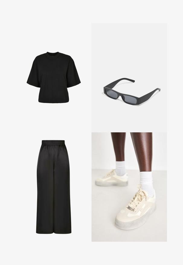 Tricou scurt, negru, din bumbac. Are mâneci scurte și un decolteu rotund. Textură netedă cu un design simplu, fără modele adiționale.; Pantaloni negri cu picioare largi, fabricați dintr-un material neted și lucios, cu un elastic la talie și fără buzunare vizibile sau detalii metalice.; Adidași bej cu piele netedă și accente din suede, talpă din cauciuc gri, modele texturate și un logo metalic al brandului pe lateral.; Ochelari de soare negri, cu lentile întunecate și rame groase mate. Brațele sunt ușor conice, cu o textură netedă.