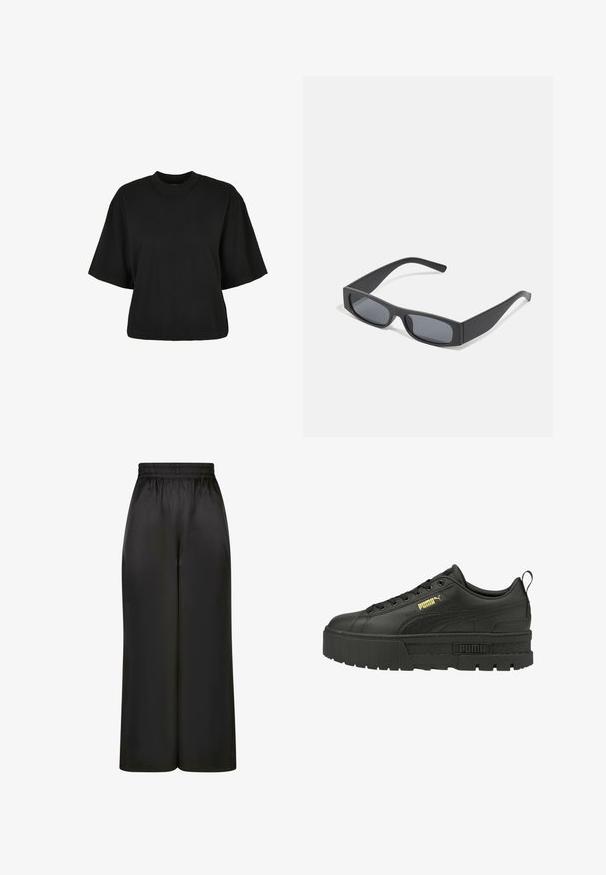 Maglietta nera cropped realizzata in cotone. Presenta maniche corte e un collo rotondo. Tessuto liscio con un design semplice, senza ulteriori motivi.; Pantaloni neri a gamba larga realizzati in un tessuto liscio e lucido, con una vita elastica e senza tasche visibili o dettagli in metallo.; Sneaker platform in pelle nera con tacco texturizzato, logo Puma dorato e design con lacci, caratterizzato da occhielli neri e lacci piatti.; Occhiali da sole neri rettangolari con lenti scure e montatura spessa opaca. Le asticelle sono leggermente affusolate con una texture liscia.