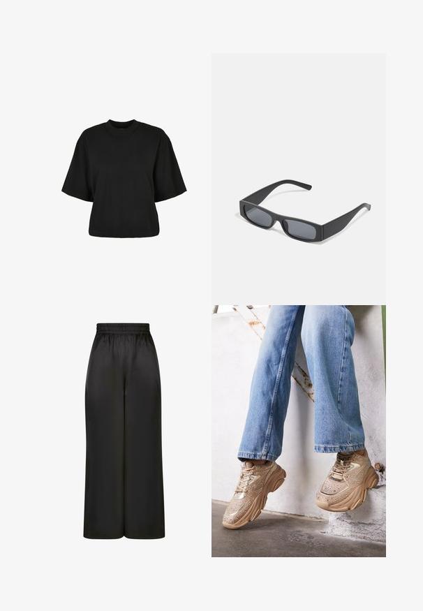 Černé zkrácené tričko vyrobené z bavlny. Má krátké rukávy a kulatý výstřih. Hladký povrch s jednoduchým designem, bez dalších vzorů.; Černé široké kalhoty vyrobené z hladké, lesklé látky, s elastickým pasem bez viditelných kapes nebo kovových detailů.; Bežové tenisky s metalickými akcenty, texturovaným designem a detaily z rhinestones, spárované s světle modrými rovnými džíny.; Černé obdélníkové sluneční brýle s tmavými skly a tlustými matnými rámy. Stranice jsou mírně zúžené s hladkým povrchem.