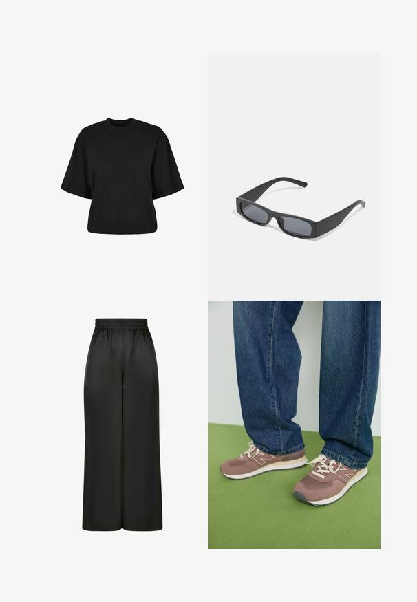 Black cropped t-shirt made of cotton. Features short sleeves and a round neckline. Smooth texture with a simple design, no additional patterns.; Black wide-leg pants made of smooth, shiny fabric with an elastic waistband and no visible pockets or hardware details.; Brown and mauve athletic shoes with white laces and a beige sole. Worn with blue denim jeans, set against a green surface.; Black rectangular sunglasses with dark lenses and thick matte frames. The arms are slightly tapered with a smooth texture.