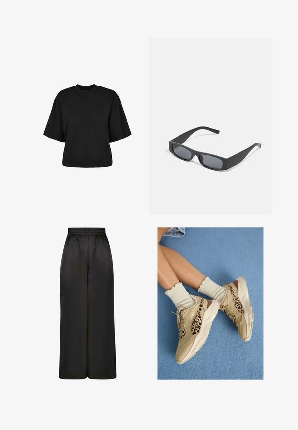 Czarny krótki t-shirt wykonany z bawełny. Posiada krótkie rękawy i okrągły dekolt. Gładka tekstura z prostym wzornictwem, bez dodatkowych wzorów.; Czarne spodnie z szerokimi nogawkami, wykonane z gładkiego, błyszczącego materiału, z elastycznym pasem i bez widocznych kieszeni ani elementów metalowych.; Skrzyżowane nogi w beżowych butach Puma z paskami w panterkę i falbankowymi kremowymi skarpetkami na niebieskim dywanie.; Czarne prostokątne okulary przeciwsłoneczne z ciemnymi soczewkami i grubymi matowymi oprawkami. Ramiona są lekko zwężone i mają gładką teksturę.