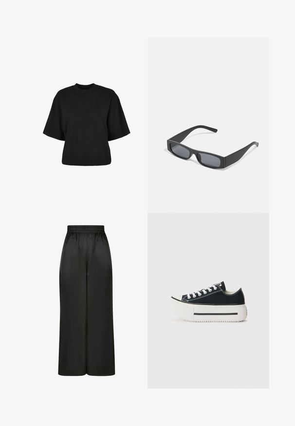 Juoda trumpa medvilninė palaidinė. Su trumpomis rankovėmis ir apvaliu iškirpimu. Lygus paviršius su paprastu dizainu, be papildomų raštų.; Juodos plačios kelnės, pagamintos iš lygaus, blizgaus audinio, su elastinga juosmens juosta ir be matomų kišenių ar aparatūros detalių.; Juodi ketvirtiniai sportbačiai su baltu guminiais padu, turintys storą platformą, baltas raišteles ir kontrastingą siuvinėjimą palei siūles.; Juodos stačiakampės saulės akinių su tamsiais lęšiais ir storais matiniais rėmeliais. Rėmelio kojos šiek tiek siaurėja ir turi lygią tekstūrą.