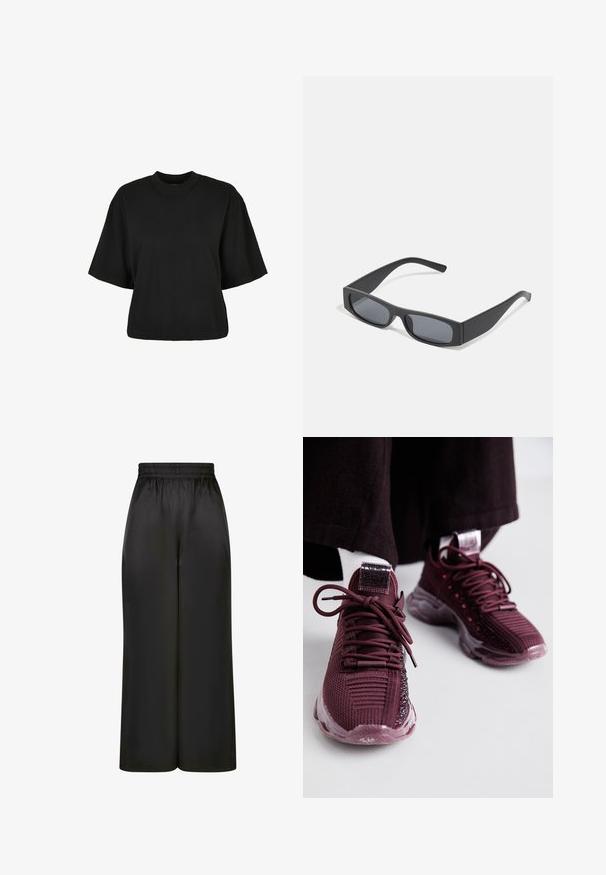Mustat lyhyet hihattomat t-paidat, valmistettu puuvillasta. Siinä on lyhyt hihat ja pyöreä pääntie. Sileä rakenne yksinkertaisella muotoilulla, ilman ylimääräisiä kuvioita.; Mustat, leveät housut, jotka on valmistettu sileästä, kiiltävästä kankaasta, jossa on joustava vyötärö ja ei näkyviä taskuja tai metalliosia.; Burgundy urheilusandaalit, joissa on verkkopinta, teksturoitu yksityiskohta, pyöreät nauhat ja läpinäkyvä kumipohja; erityistä huomiota herättää logo kielekkeessä ja kantapäässä.; Mustat suorakulmaiset aurinkolasit tummilla linsseillä ja paksuilla mattepinnoilla. Varsien malli on hieman kapeneva ja pinta sileä.