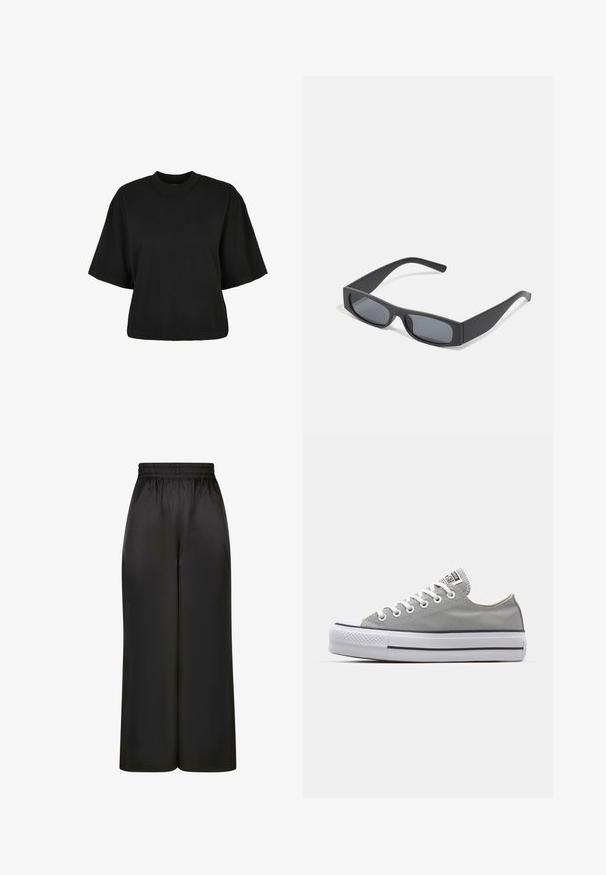 Black cropped t-shirt made of cotton. Features short sleeves and a round neckline. Smooth texture with a simple design, no additional patterns.; Black wide-leg pants made of smooth, shiny fabric with an elastic waistband and no visible pockets or hardware details.; Gray canvas sneakers with white laces, rubber toe cap, and a thick, white rubber sole featuring two black stripes along the side.; Black rectangular sunglasses with dark lenses and thick matte frames. The arms are slightly tapered with a smooth texture.