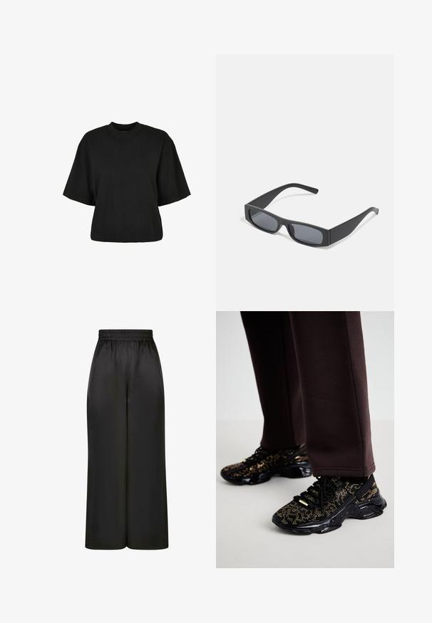 Schwarzes, kurz geschnittenes T-Shirt aus Baumwolle. Hat kurze Ärmel und einen runden Halsausschnitt. Glatte Textur mit einem schlichten Design, ohne zusätzliche Muster.; Schwarze, weit geschnittene Hosen aus glattem, glänzendem Stoff mit elastischem Bund und ohne sichtbare Taschen oder Metallteile.; Schwarze Sneakers mit goldenen Sprenkeln, strukturierter Oberfläche und einer massiven schwarzen Sohle. Kombiniert mit braunen Jogginghosen, die ein enges Design zeigen.; Schwarze rechteckige Sonnenbrillen mit dunklen Gläsern und dicken matten Rahmen. Die Bügel sind leicht verjüngt und haben eine glatte Oberfläche.