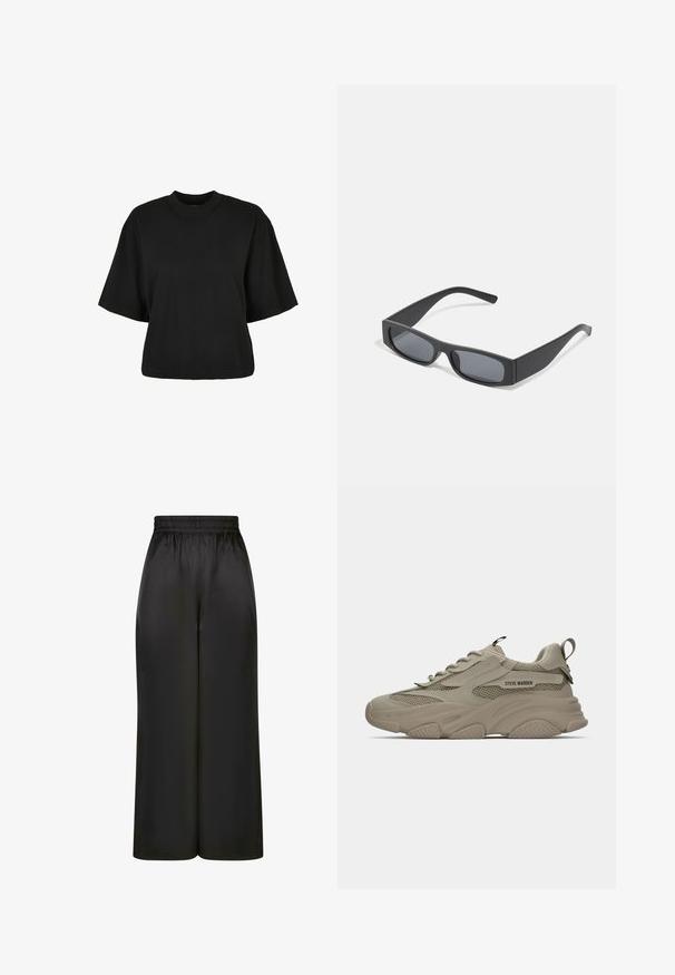 T-shirt noir court en coton. Doté de manches courtes et d'un col rond. Texture lisse avec un design simple, sans motifs supplémentaires.; Pantalons larges noirs en tissu lisse et brillant, avec une taille élastique et sans poches ni détails en métal visibles.; Sneakers chunky beiges avec des détails en mesh, semelle épaisse, lacets, onglet à l'arrière et logo "STEVE MADDEN" sur le panneau latéral.; Lunettes de soleil noires rectangulaires avec des verres foncés et des montures en mat épais. Les branches sont légèrement effilées avec une texture lisse.