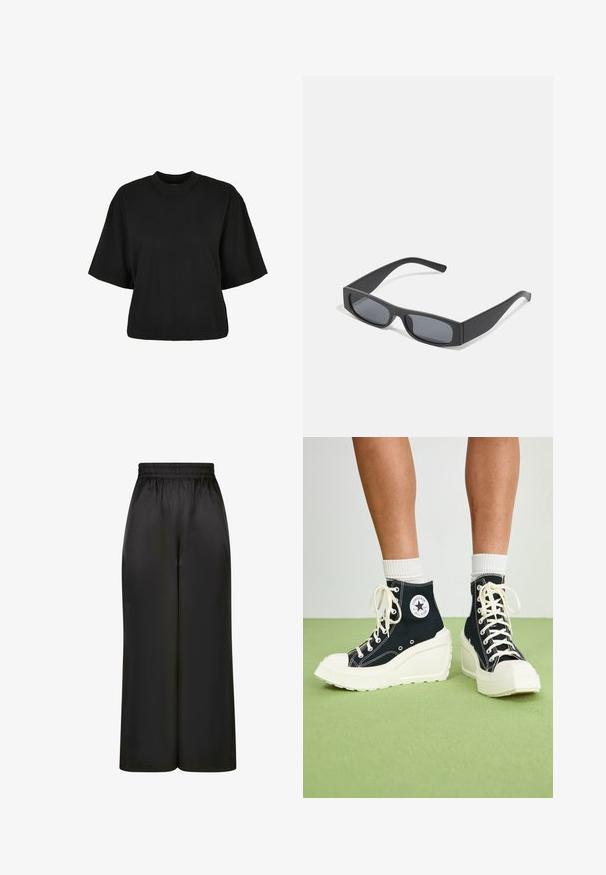 Črna kratka majica iz bombaža. Ima kratke roke in okroglo izreza. Gladka tekstura z enostavnim dizajnom, brez dodatnih vzorcev.; Črne široke hlače iz gladkega, sijočega materiala z elastičnim pasom in brez vidnih žepov ali kovinskih detajlov.; Črne visokotopne teniske z dvignjenim belim platformnim podplatom, z belimi vezalkami in okroglo oznako na strani. Teksturna platnena materiala.; Črne pravokotne sončna očala s temnimi lečami in debelimi mat okvirji. Ročaji so rahlo ukrivljeni in imajo gladko teksturo.