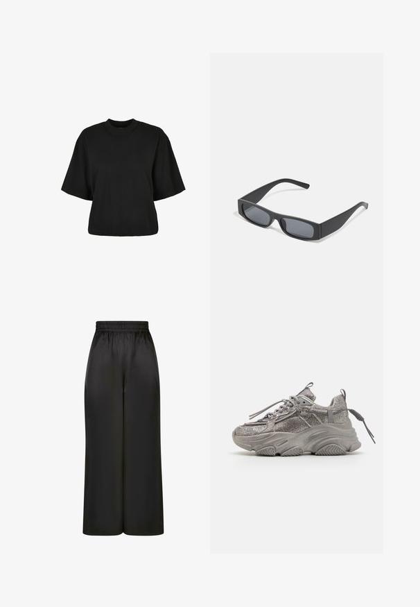 Schwarzes, kurz geschnittenes T-Shirt aus Baumwolle. Hat kurze Ärmel und einen runden Halsausschnitt. Glatte Textur mit einem schlichten Design, ohne zusätzliche Muster.; Schwarze, weit geschnittene Hosen aus glattem, glänzendem Stoff mit elastischem Bund und ohne sichtbare Taschen oder Metallteile.; Chunky graue Sneaker mit einer strukturierten Mesh-Oberfläche, dicker Gummisohle und flachen Schnürsenkeln. Verfügt über einen gepolsterten Kragen und einen Fersenlasche für einen sicheren Sitz.; Schwarze rechteckige Sonnenbrillen mit dunklen Gläsern und dicken matten Rahmen. Die Bügel sind leicht verjüngt und haben eine glatte Oberfläche.