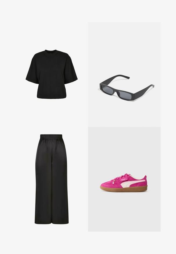 Fekete, rövid ujjú, pamut crop póló. Kerek nyakkivágással rendelkezik. Simára készült textúrája van, egyszerű dizájn, nincs rajta további minta.; Fekete, bő szárú nadrág, sima, fényes anyagból, rugalmas derékrésszel, látható zsebek vagy fém részletek nélkül.; Fényes pink velúr Puma sneaker fehér oldalsávval, ínycsiklandó talppal és dekoratív gyönggyel a fűzőn, világosszürke háttér előtt.; Fekete téglalap alakú napszemüveg sötét lencsékkel és vastag, matt kerettel. A szárak enyhén elkeskenyednek, sima felületűek.