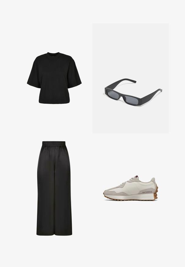 Fekete, rövid ujjú, pamut crop póló. Kerek nyakkivágással rendelkezik. Simára készült textúrája van, egyszerű dizájn, nincs rajta további minta.; Fekete, bő szárú nadrág, sima, fényes anyagból, rugalmas derékrésszel, látható zsebek vagy fém részletek nélkül.; Alacsony profilú bézs és krém színű New Balance sneaker gumitalppal és fűzős dizájnnal, külső oldali profilja fehér háttér előtt.; Fekete téglalap alakú napszemüveg sötét lencsékkel és vastag, matt kerettel. A szárak enyhén elkeskenyednek, sima felületűek.