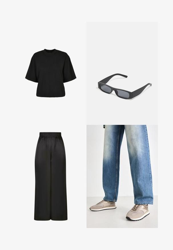 Crna skraćena majica od pamuka. Ima kratke rukave i okrugli izrez. Glatka tekstura s jednostavnim dizajnom, bez dodatnih uzoraka.; Crne široke hlače napravljene od glatkog, sjajnog materijala s elastičnim pojasom i bez vidljivih džepova ili metalnih detalja.; Beige sportske cipele s mrežastim i kožnim panelima, sa crnim potplatom i dizajnom na vezivanje, u kombinaciji s svijetloplavim širokim trapericama.; Crne pravokutne sunčane naočale s tamnim lećama i debelim mat okvirima. Naočale su lagano sužene s glatkom teksturom.