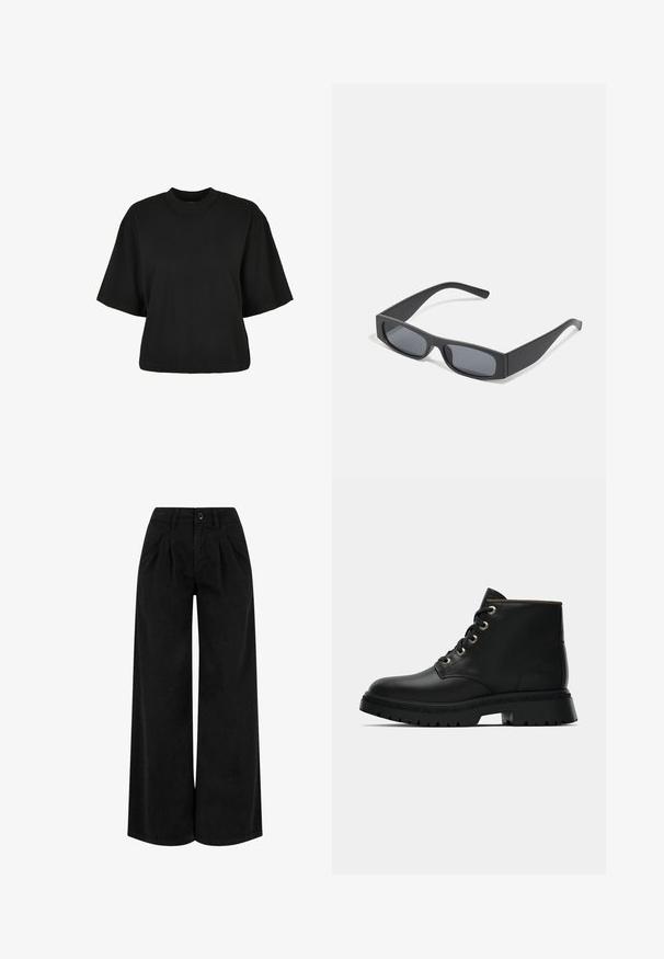 Czarny krótki t-shirt wykonany z bawełny. Posiada krótkie rękawy i okrągły dekolt. Gładka tekstura z prostym wzornictwem, bez dodatkowych wzorów.; Czarne szerokie spodnie wykonane z lekkiego materiału, z plisami z przodu, z zapięciem na guzik i estetycznym wykończeniem u dołu.; Czarne skórzane botki za kostkę z okrągłym noskiem, złotymi oczkami i teksturowaną podeszwą. Posiadają wyściółkę przy kostce oraz charakterystyczne logo z boku.; Czarne prostokątne okulary przeciwsłoneczne z ciemnymi soczewkami i grubymi matowymi oprawkami. Ramiona są lekko zwężone i mają gładką teksturę.