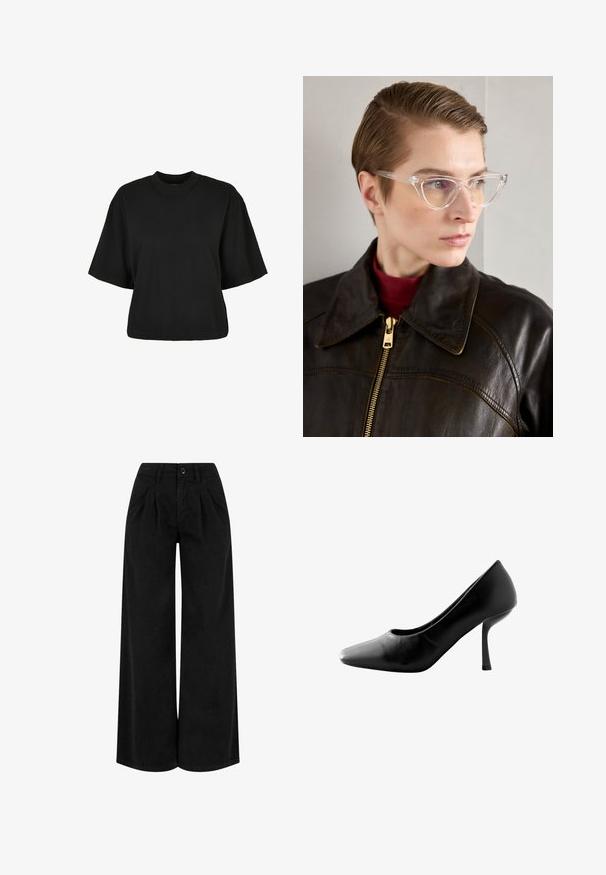 Must terav t-särk, mis on valmistatud puuvillast. Omab lühikesi varrukaid ja ümmargust kaelust. Sile tekstuur ja lihtne disain, ilma täiendavate mustriteta.; Must värvilised laiad püksid, mis on valmistatud kergest kangast, esiosas volditud, nupuga kinnitamine ja puhas viimistlus allääres.; Must musta kõrge kontsaga king, millel on terav nina ja sile nahkviimistlus. Omab peenikest stilettokontsa ja madalat vampi disaini.; Selged atsetaadist kassinägevate klaasidega prillid, millel on kollase tooniga läätsed, kantud tumeda nahkjakiga ja punase kõrge kaelusega särkidega inimese poolt. Sile tekstuur.