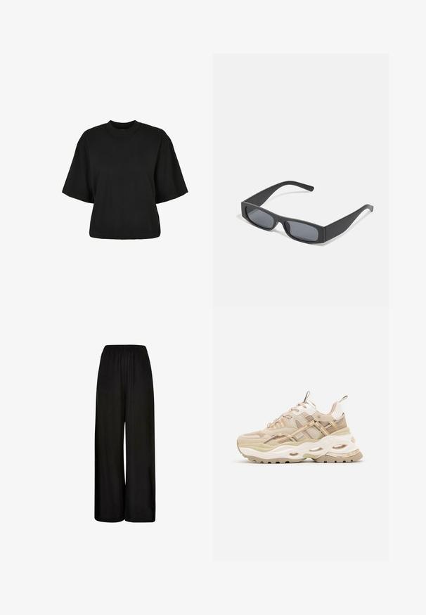 Melnas īsā piegriezuma T-kreklis no kokvilnas. Tam ir īsas piedurknes un apaļa izgriezne. Gluda tekstūra ar vienkāršu dizainu, bez papildu rakstiem.; Melni platie bikses, izgatavotas no mīksta auduma, ar elastīgu jostu un gludu tekstūru. Nav redzami raksti vai rotājumi.; Beigās tenisa kurpes ar masīvu baltu zoli, sietveida paneļiem un plānām beigu svītrām. Satur mīkstu apkakli un teksturētus akcentus visā apģērbā.; Melni taisnstūrveida saulesbrilles ar tumšiem stikliem un bieziem matētiem rāmiem. Rāmju kājas ir nedaudz sašaurinātas ar gludu tekstūru.