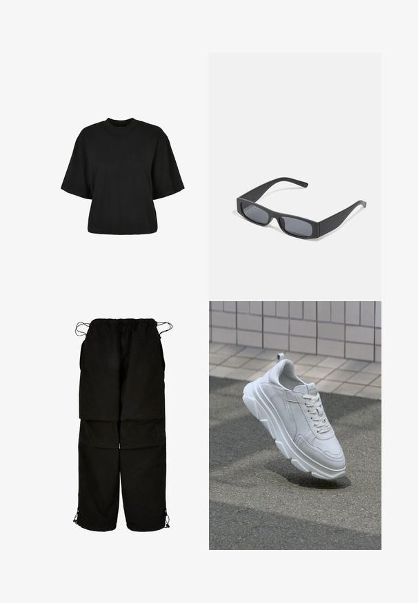 Crna skraćena majica od pamuka. Ima kratke rukave i okrugli izrez. Glatka tekstura s jednostavnim dizajnom, bez dodatnih uzoraka.; Crne hlače od lagane tkanine, s podesivim pojasom i rubovima s vezicom. Dizajnirane s opuštenim, prevelikim krojem i s višestrukim džepovima.; Bijele kožne tenisice s debelim, teksturiranim gumenim potplatom, s vezanjem na vezice i detaljima šivanja. Dizajn s okruglim vrhom i podrškom za gležnjeve.; Crne pravokutne sunčane naočale s tamnim lećama i debelim mat okvirima. Naočale su lagano sužene s glatkom teksturom.