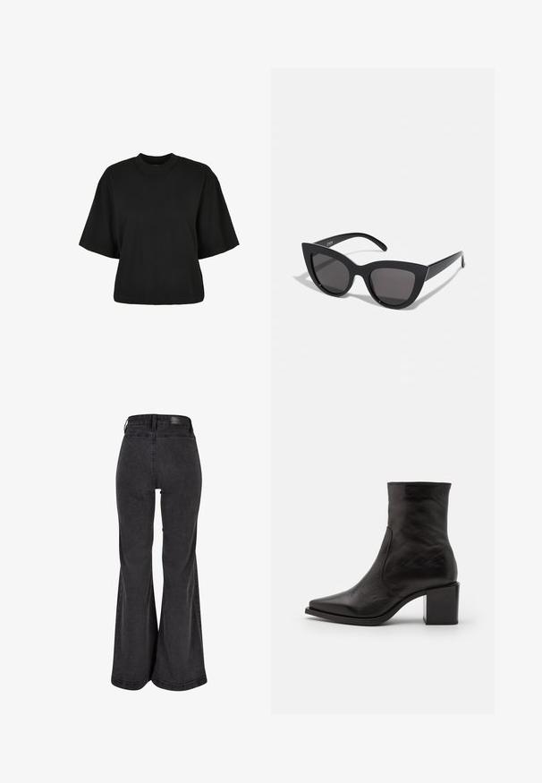 Svart cropped t-shirt i bomull. Har korta ärmar och rund halsringning. Slät yta med en enkel design, utan ytterligare mönster.; Svarta utsvängda jeans med en slät yta, hög midja och ett märkespatch på baksidan. Har en vid ben-design och förstärkt sömnad.; Svarta läderankelboots med fyrkantig tå och blockklack. Designen har en slät textur och minimala sömnadsdetaljer.; Svarta kattögon-solglasögon med matt yta, utrustade med gråtonade linser, skarpa vinklar och slanka sidobågar. Varumärket synligt på den inre bågen.