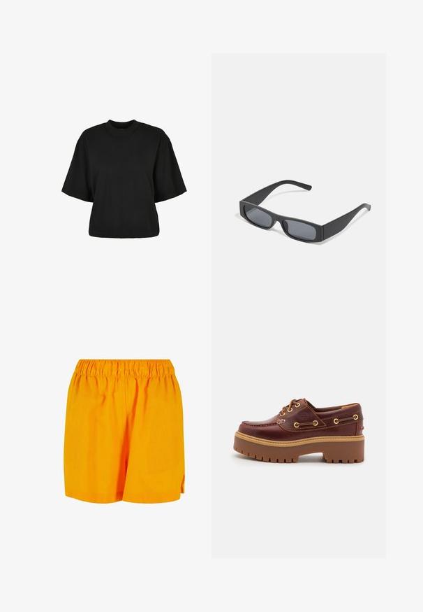 Juoda trumpa medvilninė palaidinė. Su trumpomis rankovėmis ir apvaliu iškirpimu. Lygus paviršius su paprastu dizainu, be papildomų raštų.; Oranžinės medvilninės šortai su elastinga juostele, pasižymintys laisvu kirpimu ir paprastu, nepuoštu dizainu.; Ruda odinė valtinė avalynė su masyviu ruduo guminiu padu, auksiniais akių tvirtinimais ir kontrastinga siuvimo linija. Ant šono yra logotipas.; Juodos stačiakampės saulės akinių su tamsiais lęšiais ir storais matiniais rėmeliais. Rėmelio kojos šiek tiek siaurėja ir turi lygią tekstūrą.