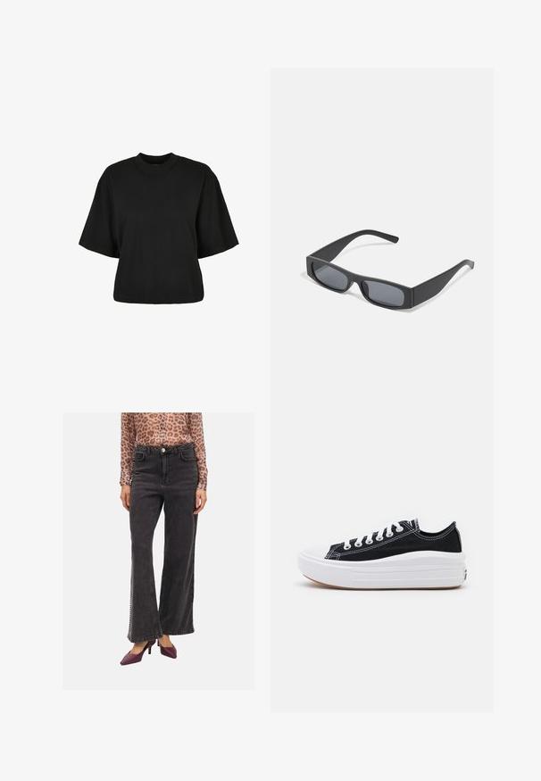 Černé zkrácené tričko vyrobené z bavlny. Má krátké rukávy a kulatý výstřih. Hladký povrch s jednoduchým designem, bez dalších vzorů.; Černé široké džíny s bočními ozdobami, padnoucím pasem a třepeným lemem. V kombinaci s topem s leopardím potiskem a fialovými lodičkami.; Černé plátěné tenisky s bílými tkaničkami, bílým gumovým špičkovým krytem a masivní bílou střední podrážkou. Mají jemné bílé švy a gumovou podešev.; Černé obdélníkové sluneční brýle s tmavými skly a tlustými matnými rámy. Stranice jsou mírně zúžené s hladkým povrchem.