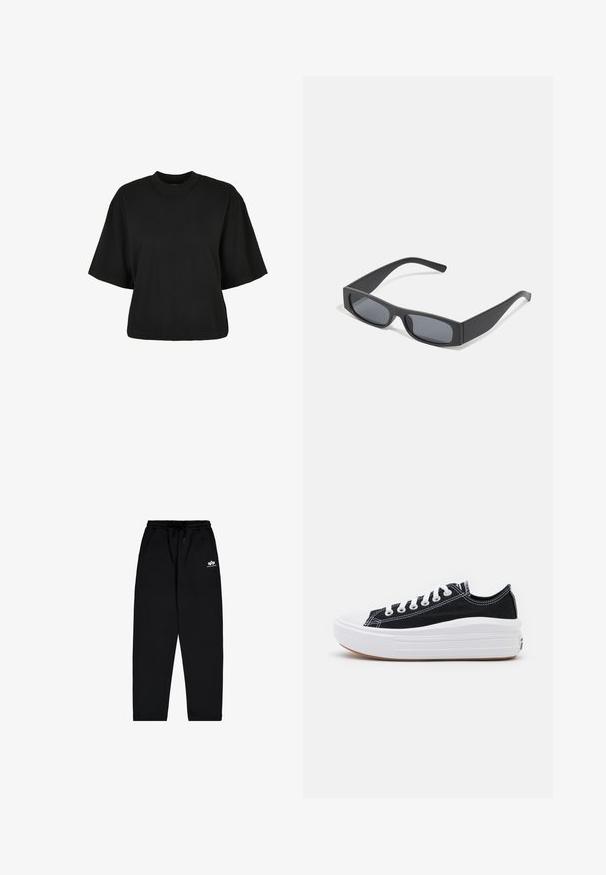 Zwart cropped t-shirt van katoen. Heeft korte mouwen en een ronde halslijn. Glad materiaal met een eenvoudig ontwerp, geen extra patronen.; Zwarte joggingbroek van zachte stof met een elastische tailleband, trekkoord en zijzakken. Heeft een klein wit logo op de bovenbeen.; Zwarte canvas sneakers met witte veters, een witte rubberen teenkap en een chunky witte tussenzool. Bevat subtiele witte stiksels en een gumzool.; Zwarte rechthoekige zonnebril met donkere lenzen en dikke matte monturen. De zijstukken zijn licht taps toelopend met een gladde textuur.