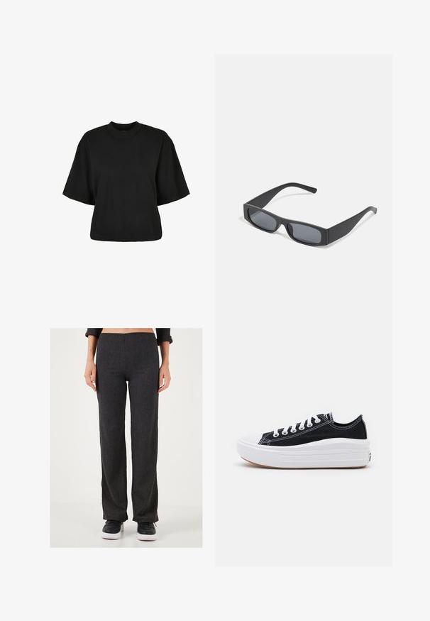 Crna skraćena majica od pamuka. Ima kratke rukave i okrugli izrez. Glatka tekstura s jednostavnim dizajnom, bez dodatnih uzoraka.; Tamne tamno sivi, rebrasti materijal hlače s ravnim nogavicama. Imaju ravni pojas i suptilnu teksturu, uparene s crnim tenisicama.; Crne platnene tenisice s bijelim vezicama, bijelim gumastim vrhom i debelim bijelim međusolom. Imaju suptilnu bijelu šav, a đon je od gume.; Crne pravokutne sunčane naočale s tamnim lećama i debelim mat okvirima. Naočale su lagano sužene s glatkom teksturom.
