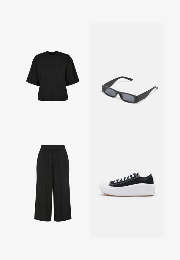 Tricou scurt, negru, din bumbac. Are mâneci scurte și un decolteu rotund. Textură netedă cu un design simplu, fără modele adiționale.; Pantaloni negri, cu picioare largi, având un elastic în talie, confecționați dintr-un material moale, cu un croi larg și design până la glezne. Fără închideri vizibile.; Adidași negri din pânză cu șireturi albe, vârf alb din cauciuc și o talpă medie groasă albă. Prezintă cusături subtile albe și o talpă din cauciuc.; Ochelari de soare negri, cu lentile întunecate și rame groase mate. Brațele sunt ușor conice, cu o textură netedă.