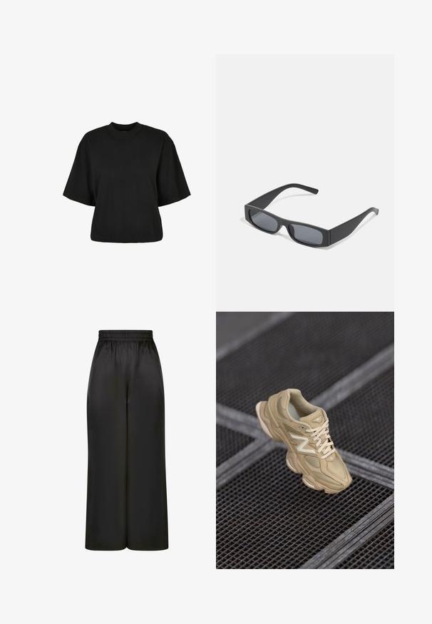 Črna kratka majica iz bombaža. Ima kratke roke in okroglo izreza. Gladka tekstura z enostavnim dizajnom, brez dodatnih vzorcev.; Črne široke hlače iz gladkega, sijočega materiala z elastičnim pasom in brez vidnih žepov ali kovinskih detajlov.; Bežna športna obutev iz najlonskih in semiš materialov, teksturirana zgornja stran, zaobljen toe, debel podplat in opazna blagovna znamka. Šnure v usklajeni barvi.; Črne pravokotne sončna očala s temnimi lečami in debelimi mat okvirji. Ročaji so rahlo ukrivljeni in imajo gladko teksturo.