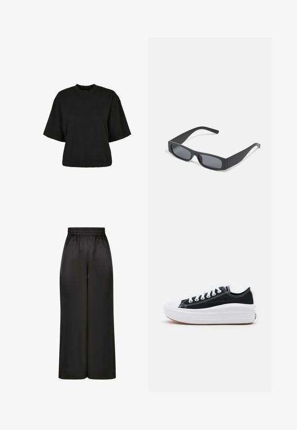 Sort cropped t-shirt lavet af bomuld. Har korte ærmer og rund halsudskæring. Glat tekstur med et enkelt design, ingen ekstra mønstre.; Sorte brede bukser lavet af glat, skinnende stof med elastisk talje og uden synlige lommer eller hardwaredetaljer.; Sorte kanvas sneakers med hvide snørebånd, hvid gummitåhætte og en kraftig hvid mellemsål. Har diskret hvid syning og en gummisål.; Sorte rektangulære solbriller med mørke linser og tykke matte stel. Armen er let tilspidset med en glat overflade.