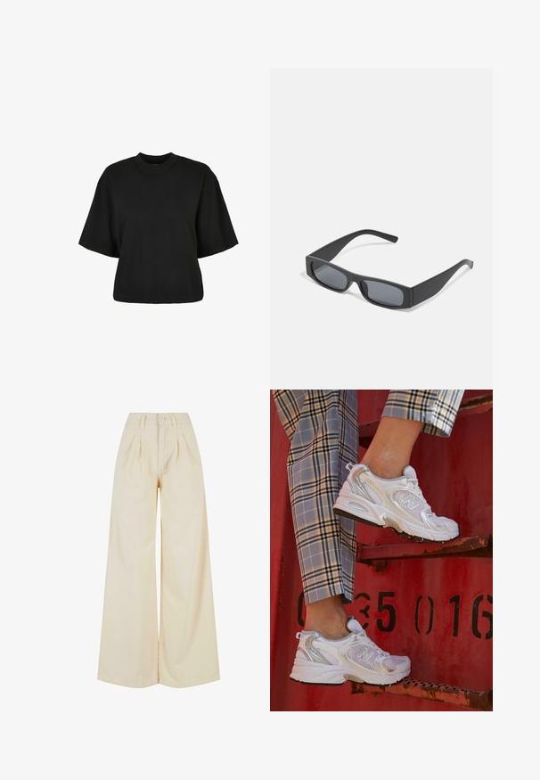 Juoda trumpa medvilninė palaidinė. Su trumpomis rankovėmis ir apvaliu iškirpimu. Lygus paviršius su paprastu dizainu, be papildomų raštų.; Šviesiai rudos spalvos plačios kelnės su aukštu liemeniu, turinčios mygtuko užsegimą ir raukšlių detales. Lygi medžiaga su švelnių tekstūra.; Balti nėriniai sportbačiai su sidabriniais akcentais ir tekstūruota padu, padėti ant raudonos paviršiaus, derinami su languotomis kelnėmis.; Juodos stačiakampės saulės akinių su tamsiais lęšiais ir storais matiniais rėmeliais. Rėmelio kojos šiek tiek siaurėja ir turi lygią tekstūrą.