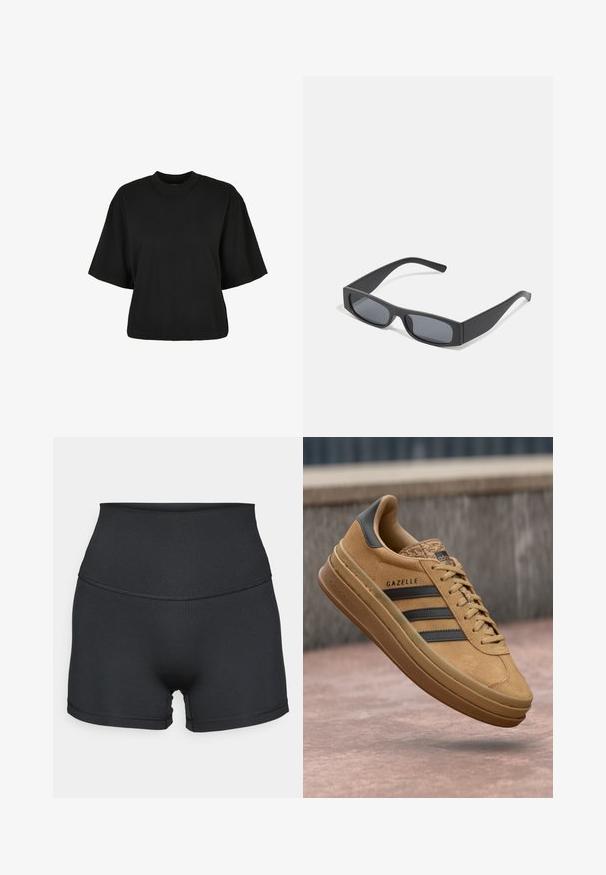 Melnas īsā piegriezuma T-kreklis no kokvilnas. Tam ir īsas piedurknes un apaļa izgriezne. Gluda tekstūra ar vienkāršu dizainu, bez papildu rakstiem.; Melnas augstām vidukļa šortus, kas izgatavoti no gludas auduma. Iezīmē bezšuvju dizains un šaurs šuvums gar vidukli un kājām.; Gaišbrūnas zamša apavi ar gludu virsmu, kas rotāti ar trim tumšām svītrām, ar noapaļotu purngalu un biezāku zoli, kurai ir rakstains malas dizains.; Melni taisnstūrveida saulesbrilles ar tumšiem stikliem un bieziem matētiem rāmiem. Rāmju kājas ir nedaudz sašaurinātas ar gludu tekstūru.
