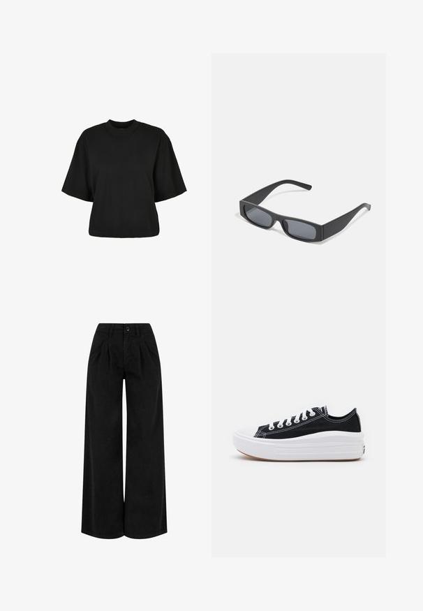 T-shirt noir court en coton. Doté de manches courtes et d'un col rond. Texture lisse avec un design simple, sans motifs supplémentaires.; Pantalons noirs à jambes larges en tissu léger, dotés de plis à l'avant, d'une fermeture à bouton et d'une finition soignée à l'ourlet.; Baskets en toile noires avec des lacets blancs, un embout en caoutchouc blanc et une semelle intermédiaire blanche épaisse. Présentent des coutures blanches discrètes et une semelle en gomme.; Lunettes de soleil noires rectangulaires avec des verres foncés et des montures en mat épais. Les branches sont légèrement effilées avec une texture lisse.