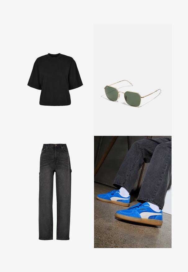 Tricou scurt, negru, din bumbac. Are mâneci scurte și un decolteu rotund. Textură netedă cu un design simplu, fără modele adiționale.; Jeansi cargo cu talie înaltă din denim negru, cu un design cu picioare largi, buzunare laterale și detalii ușor decolorate. Material durabil și cusături în contrast.; Tenisi din suede albastru cu accente albe și branding negru, dotati cu o talpă din cauciuc de gumă. Purtați cu pantaloni gri închis și șosete albe.; Ochelari de soare cu ramă aurie și lentile verzi, având o formă octagonală, brațe subțiri și vârfuri transparente. Design minimalist și accente de hardware.