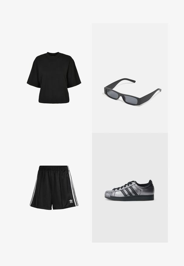 Fekete, rövid ujjú, pamut crop póló. Kerek nyakkivágással rendelkezik. Simára készült textúrája van, egyszerű dizájn, nincs rajta további minta.; Fekete sportnadrág elasztikus derékkal, fehér oldalsávokkal és cipzáras zsebbel a jobb oldalon. Adidas logó az alsó bal oldalon.; Fekete és fémes ezüst sportcipő, lekerekített orral, három fekete csíkkal és texturált felsőrésszel. Fekete fűzők és gumitalp.; Fekete téglalap alakú napszemüveg sötét lencsékkel és vastag, matt kerettel. A szárak enyhén elkeskenyednek, sima felületűek.