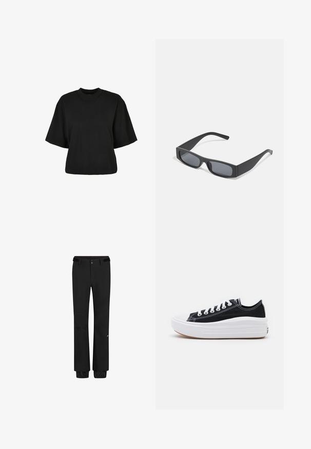 Zwart cropped t-shirt van katoen. Heeft korte mouwen en een ronde halslijn. Glad materiaal met een eenvoudig ontwerp, geen extra patronen.; Zwarte outdoorbroeken hebben een standaard tailleband met een riem, drukknoopsluiting, elastische boorden en een logo op het onderbeen. Lichtgewicht, duurzaam materiaal.; Zwarte canvas sneakers met witte veters, een witte rubberen teenkap en een chunky witte tussenzool. Bevat subtiele witte stiksels en een gumzool.; Zwarte rechthoekige zonnebril met donkere lenzen en dikke matte monturen. De zijstukken zijn licht taps toelopend met een gladde textuur.