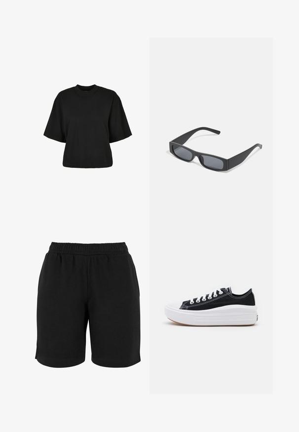 Melnas īsā piegriezuma T-kreklis no kokvilnas. Tam ir īsas piedurknes un apaļa izgriezne. Gluda tekstūra ar vienkāršu dizainu, bez papildu rakstiem.; Melnas kokvilnas šorti ar elastīgu jostasvietu, ar gludu tekstūru un vienkāršu griezumu. Redzamu kabatu vai rotājumu nav.; Melni kanvas sporta apavi ar baltām šņorēm, baltu gumijas purngalu un masīvu baltu zoli. Iezīmējas ar smalku baltu šuvumu un gumiju zoli.; Melni taisnstūrveida saulesbrilles ar tumšiem stikliem un bieziem matētiem rāmiem. Rāmju kājas ir nedaudz sašaurinātas ar gludu tekstūru.